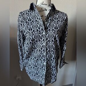 Chico’s Women's Black White Patterned Stretch No Iron Shirt Blouse Top 1.5 12